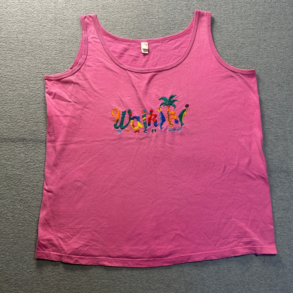 Anvil Womens Tank Top XL Pink Waikiki Hawaii Embroidered Sleeveless Beach Theme